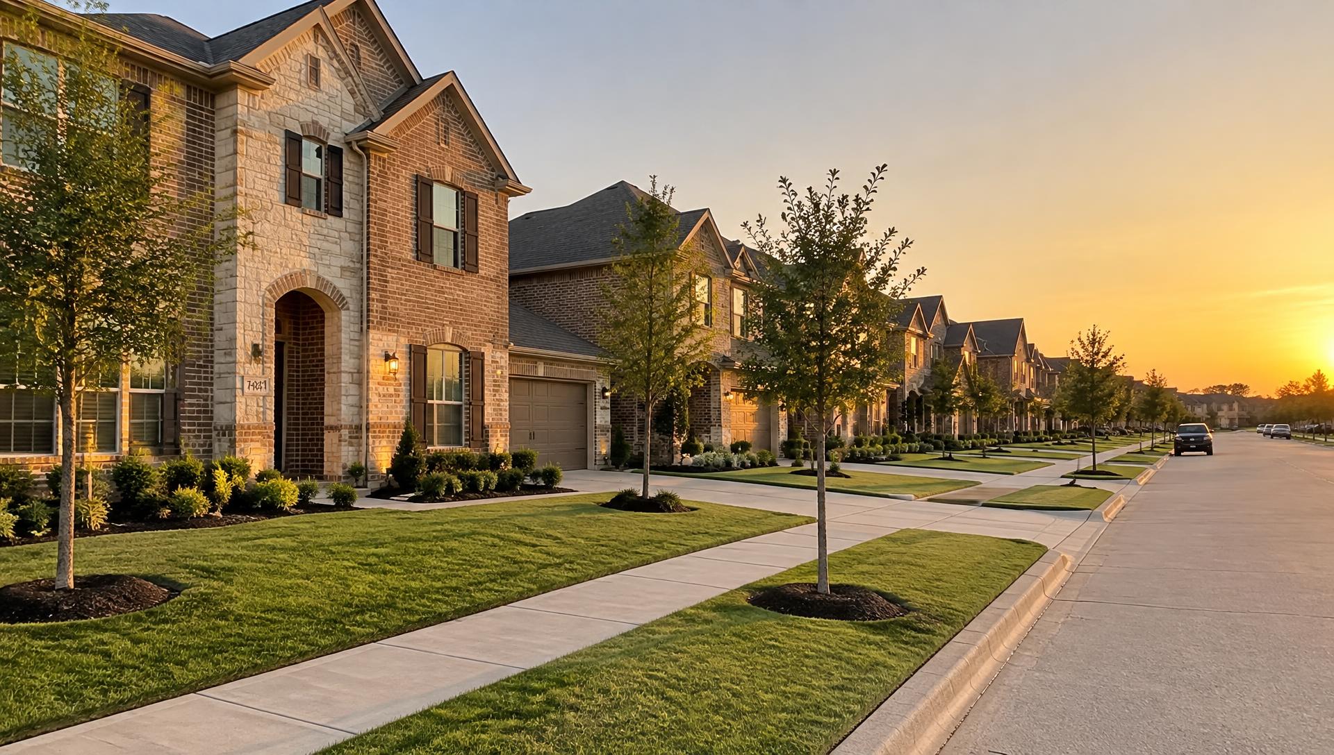 Suburban residential street of brick homes in North Texas at golden hour